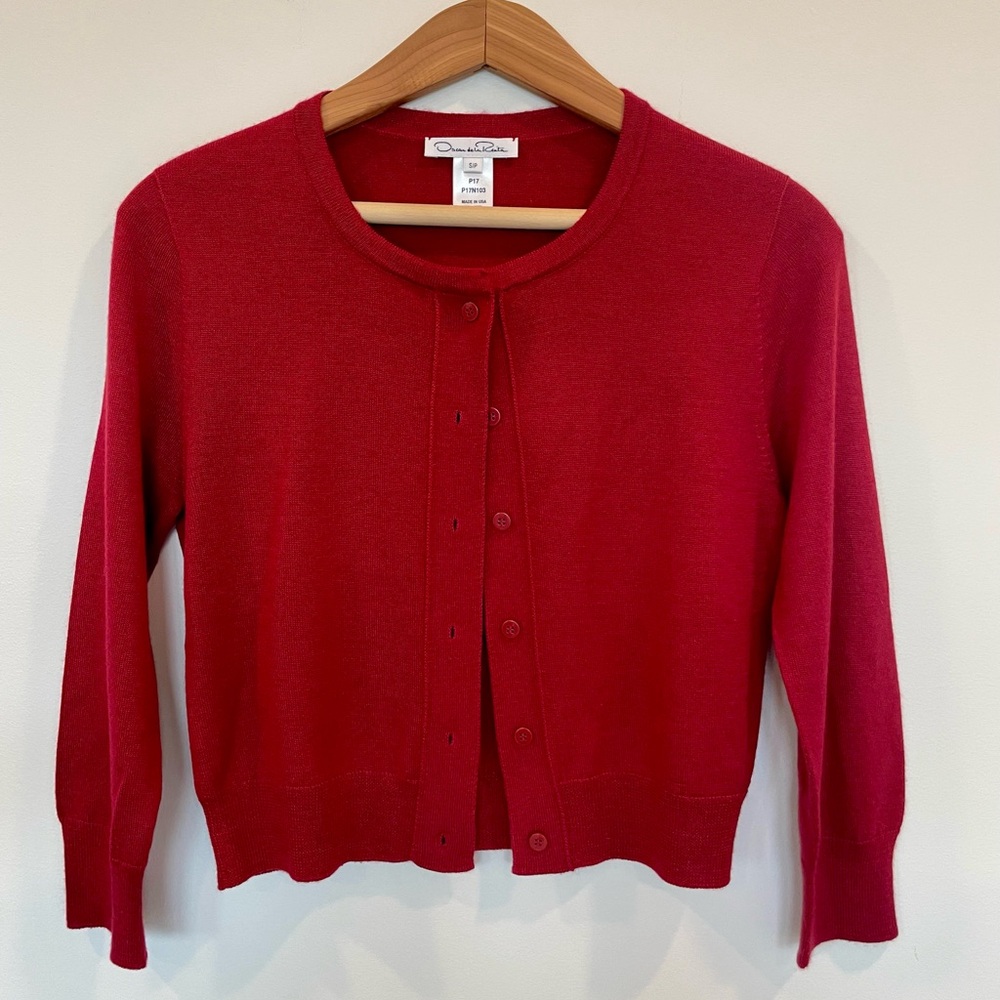 Oscar de la Renta Cashmere Silk Red Button-Down Cardigan Designer Luxury Knit SP